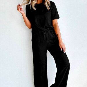 Smoke Gray Solid Color T Shirt 2pcs Wide Leg Pants Set